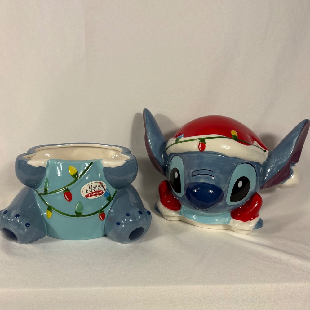 Disney Stitch Christmas Cookie Jar Hand Painted Ceramic Santa Hat Lights - Picture 8 of 12